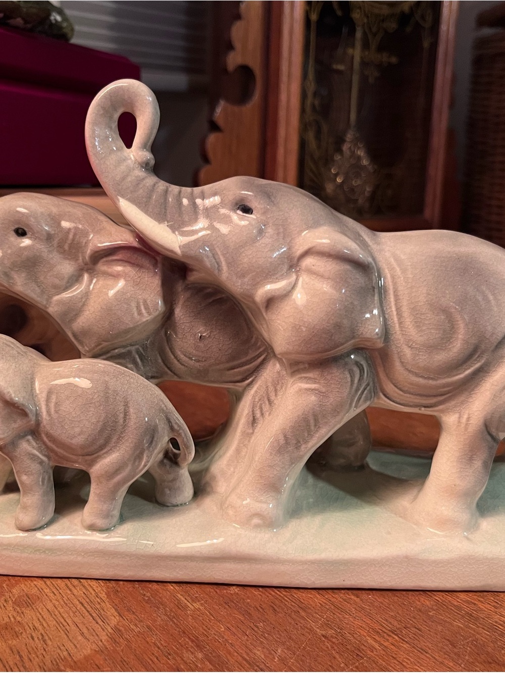 Vintage Japanese Ceramic Elephant Family Figurine Trio Glossy Good Luck